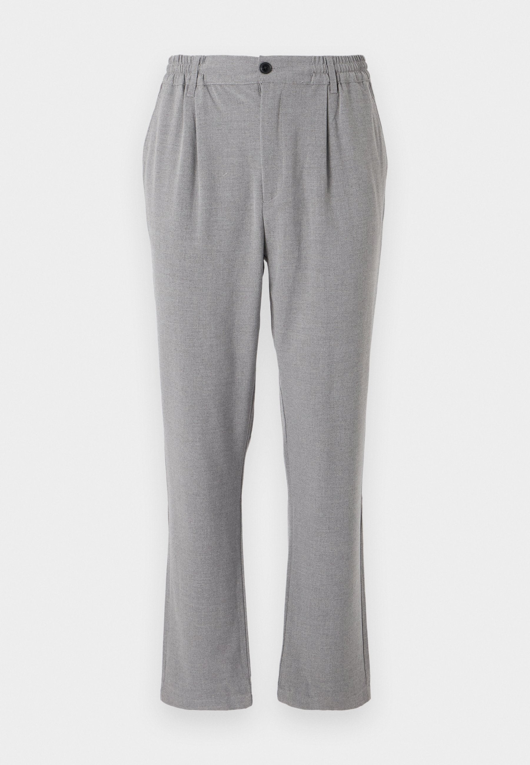 Graue Hose aus strukturiertem Stoff mit Knopfverschluss und elastischem Bund. Gerades Bein mit Seitenfalten.