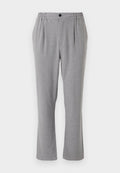 Graue Hose aus strukturiertem Stoff mit Knopfverschluss und elastischem Bund. Gerades Bein mit Seitenfalten.