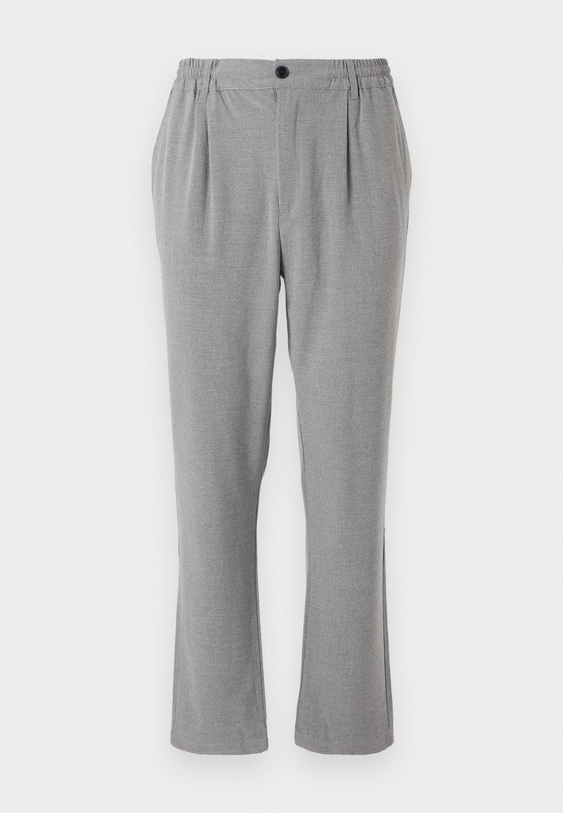 Graue Hose aus strukturiertem Stoff mit Knopfverschluss und elastischem Bund. Gerades Bein mit Seitenfalten.