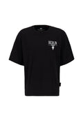 Schwarzes Baumwoll-T-Shirt mit oversized Schnitt. Mit "BERLIN"-Schriftzug und Ballongrafik in Weiß, kurzen Ärmeln und rundem Halsausschnitt.