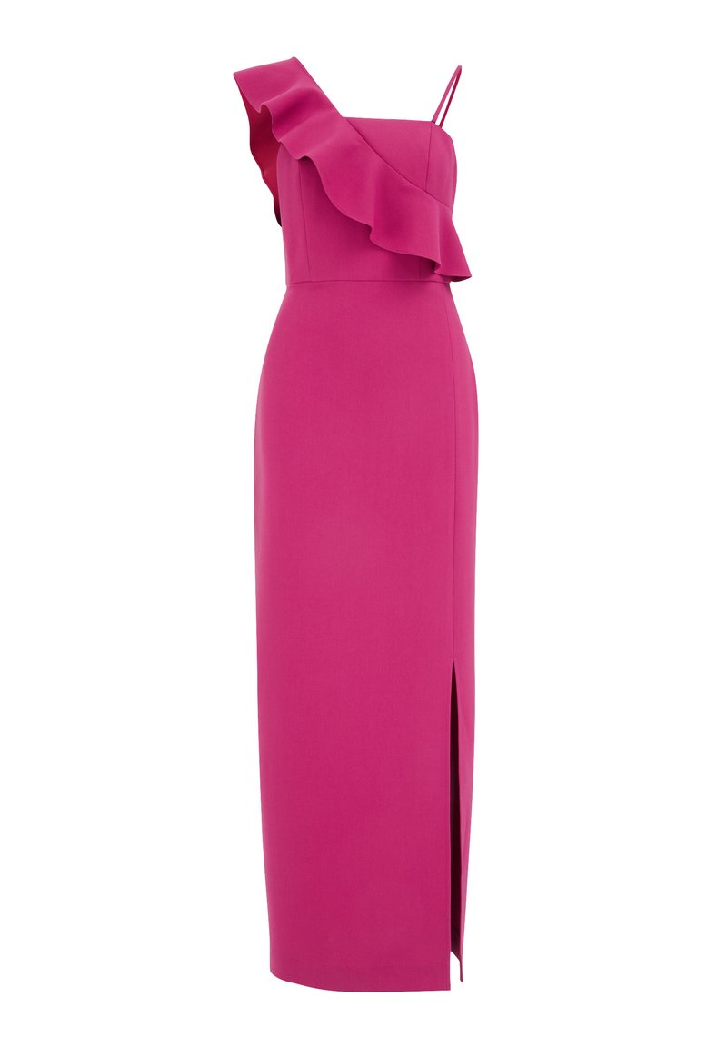 Fuchsia Midi-Kleid mit asymmetrischem Rüschendetail an der linken Schulter, figurnah geschnitten und mit einem seitlichen Schlitz für zusätzlichen Schwung.