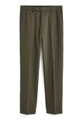 Olivgrüne, maßgeschneiderte Hose mit geradem Bein, flauschiger Vorderseite, Seitentaschen und Knopfverschluss an der Taille.