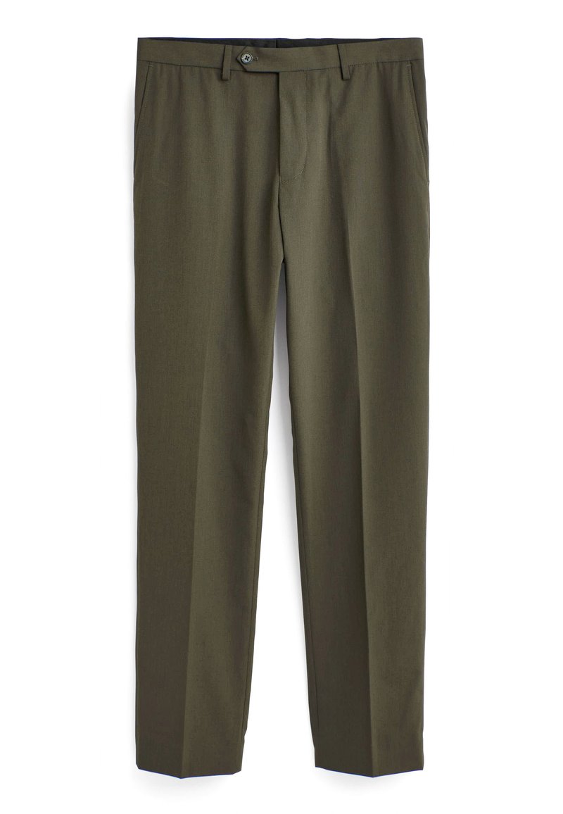 Olivgrüne, maßgeschneiderte Hose mit geradem Bein, flauschiger Vorderseite, Seitentaschen und Knopfverschluss an der Taille.