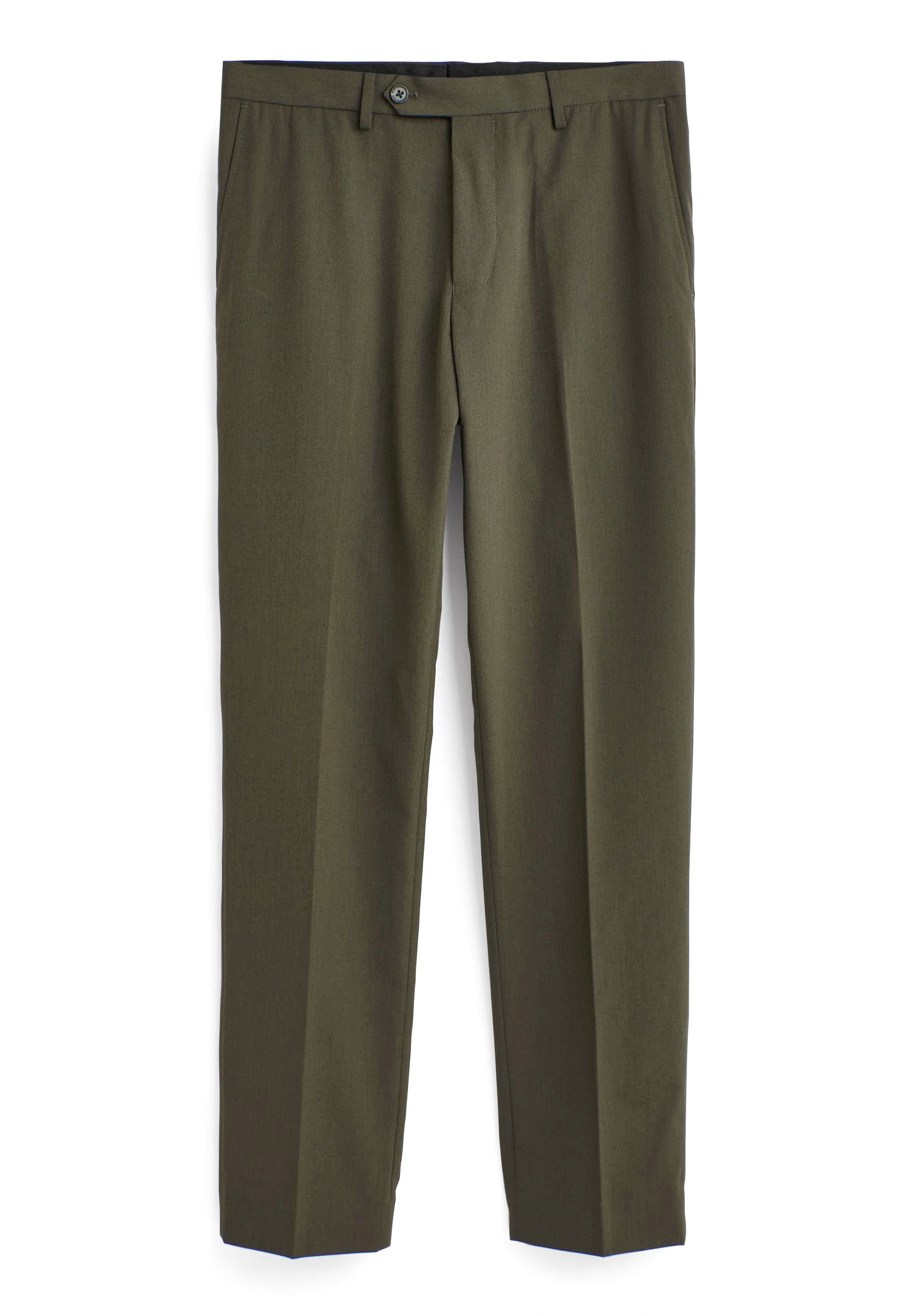 Olivgrüne, maßgeschneiderte Hose mit geradem Bein, flauschiger Vorderseite, Seitentaschen und Knopfverschluss an der Taille.