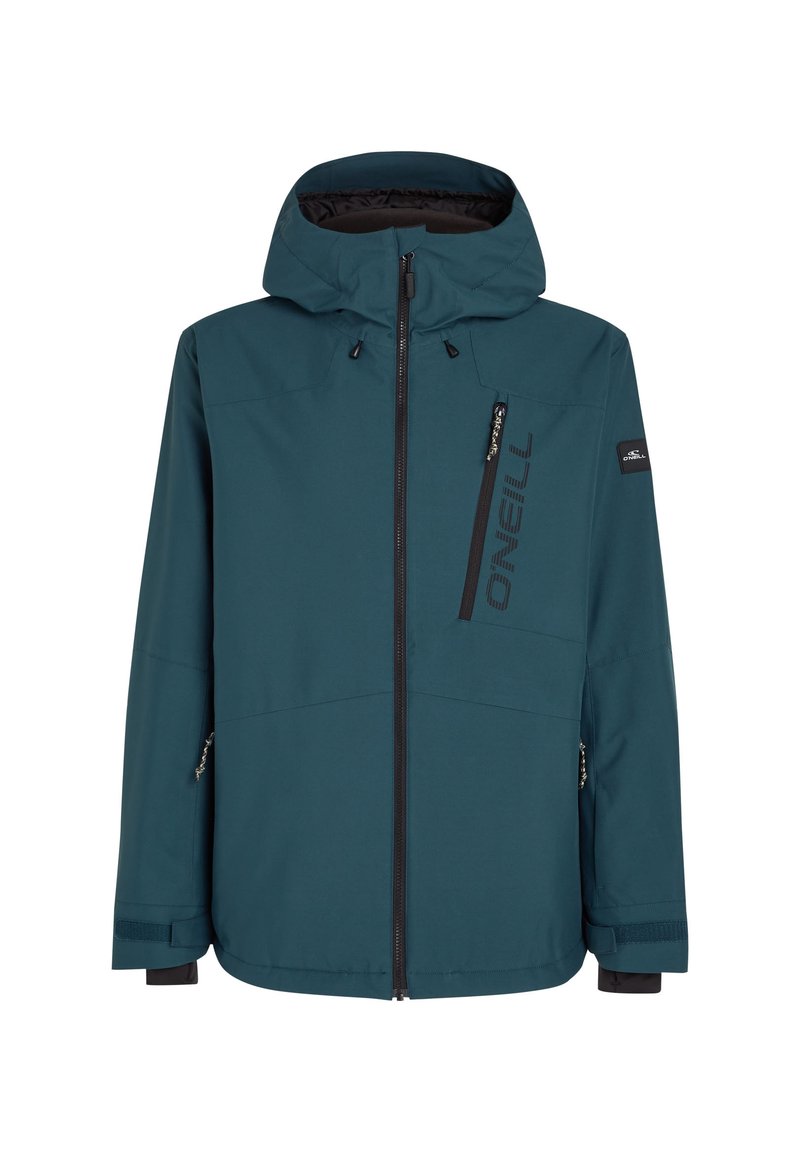 Türkise wasserdichte Jacke mit Reißverschluss, verstellbarer Kapuze und schwarzen Akzentdetails. Verfügt über seitliche und Brusttaschen zur Aufbewahrung.