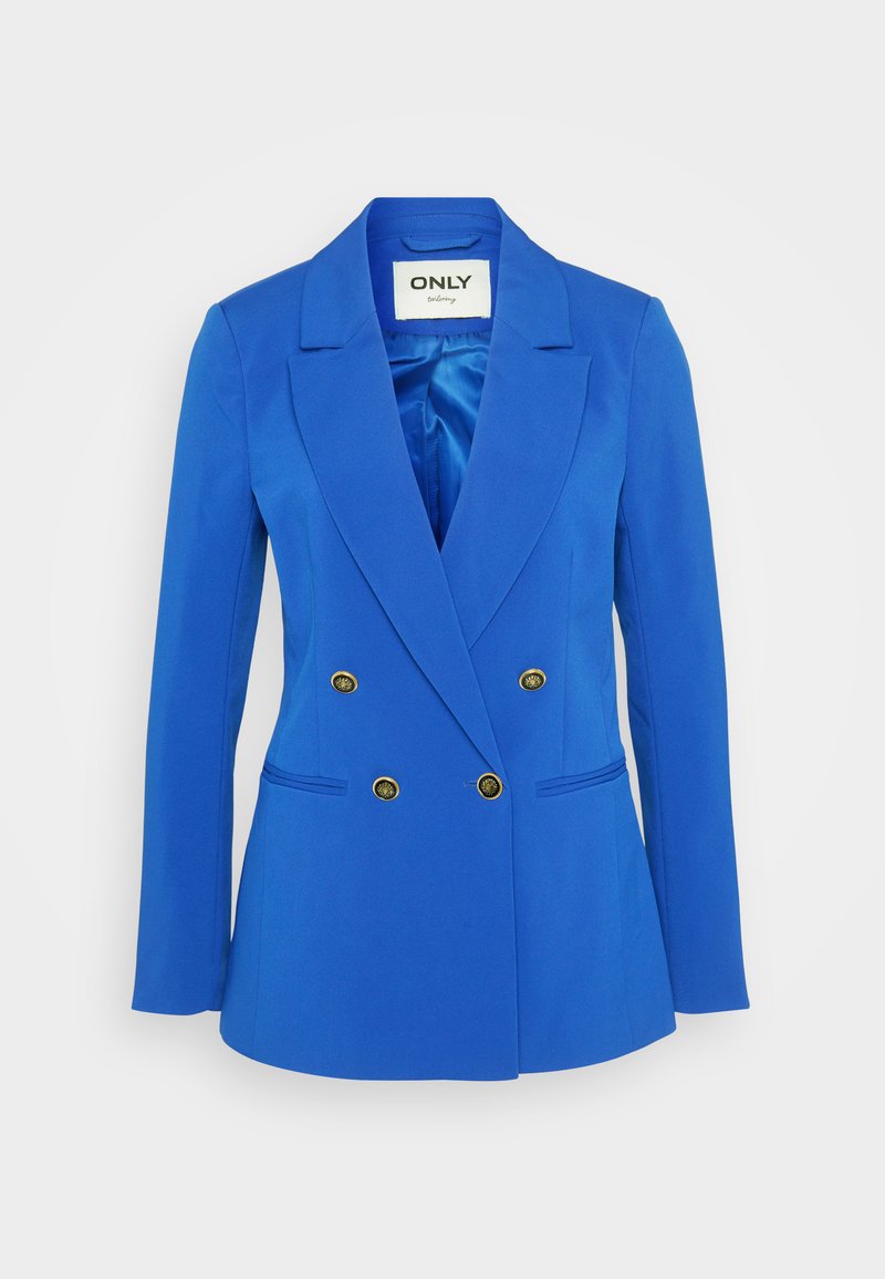 Blauer doppelt geknöpfter Blazer aus glattem Stoff, mit goldenen Knöpfen, spitzen Revers und zwei vorderen Taschen.
