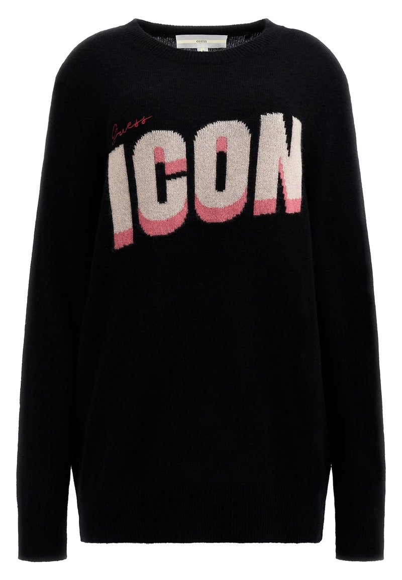 Schwarzer Strickpullover mit einem auffälligen "ICON"-Grafikdesign in Weiß und Pink. Rundhalsausschnitt, lange Ärmel und gerippter Saum. Weiche Textur.