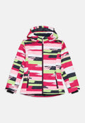 Bunte Jacke mit einer Mischung aus pinken, grünen und schwarzen Pinselstrichmustern; mit durchgehendem Reißverschluss, Kapuze und Reißverschlusstaschen. Hergestellt aus einem strukturierten Material.