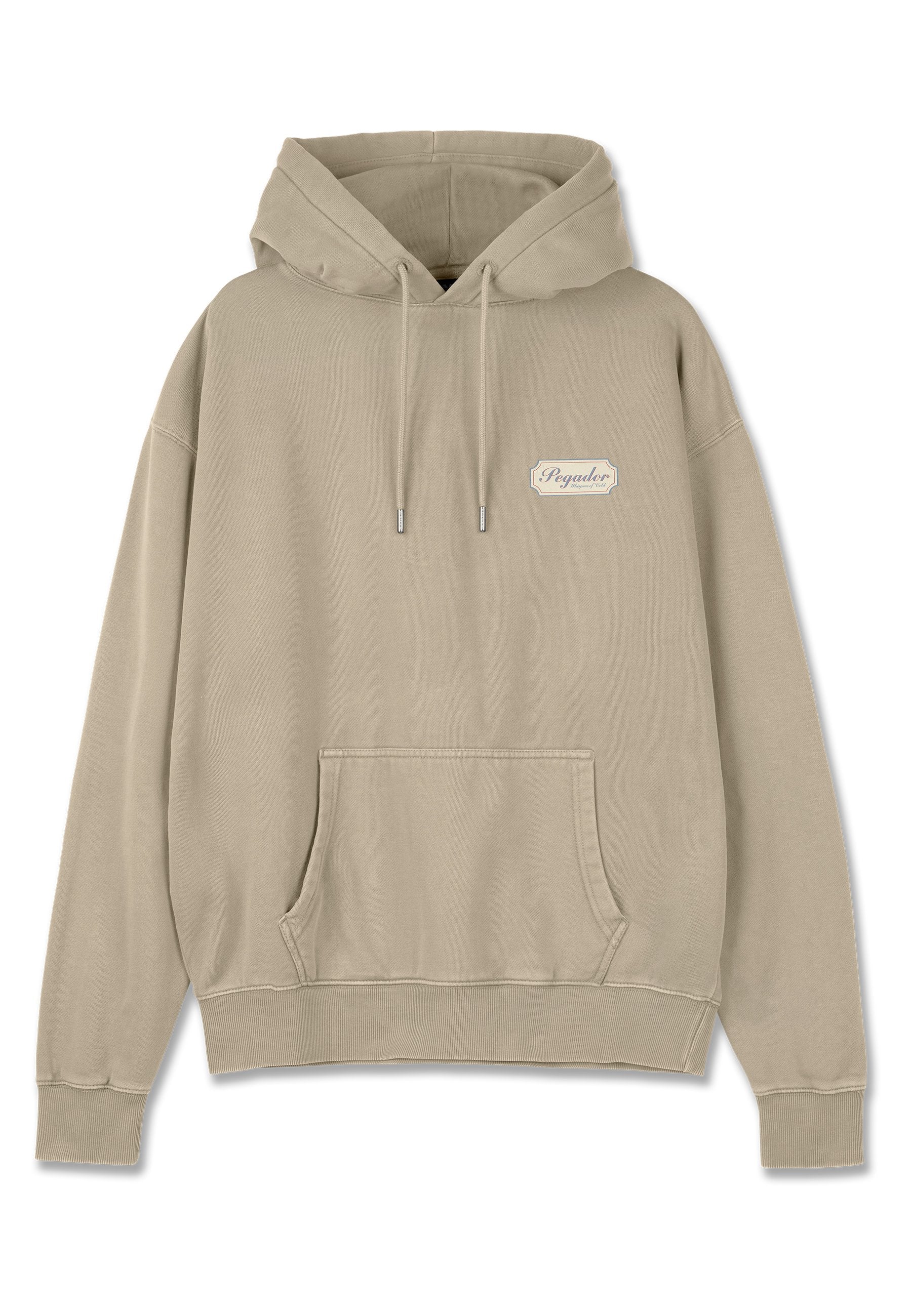 Beige Kapuzensweatshirt aus weichem Stoff. Verfügt über eine Fronttasche, gerippte Bündchen und ein kleines Logopatch auf der Brust.