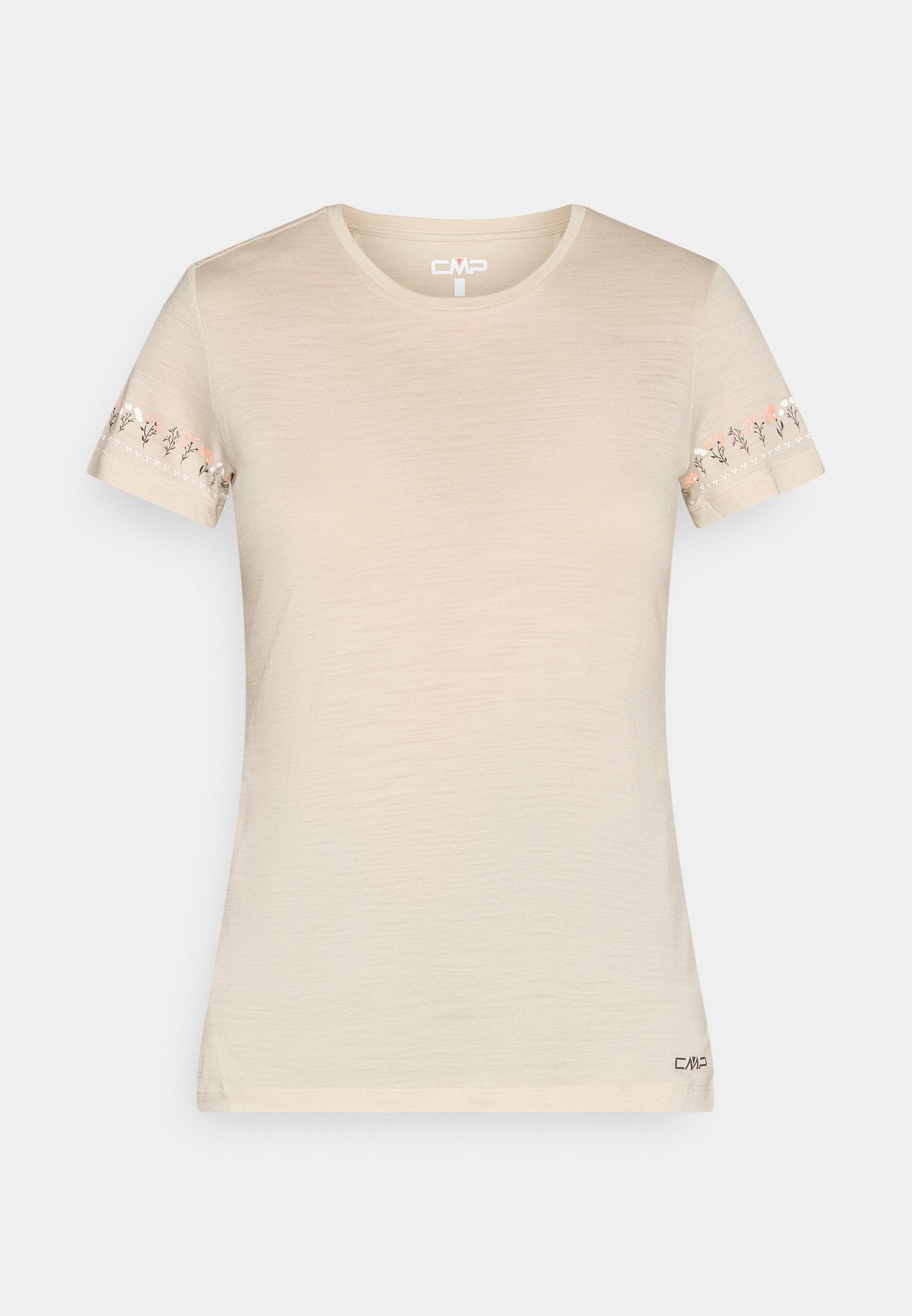 Beiges, enganliegendes T-Shirt mit kurzen Ärmeln und Rundhalsausschnitt, mit kleiner Blumenstickerei an den Ärmelbündchen und kleinem CMP-Logo nahe dem Saum.