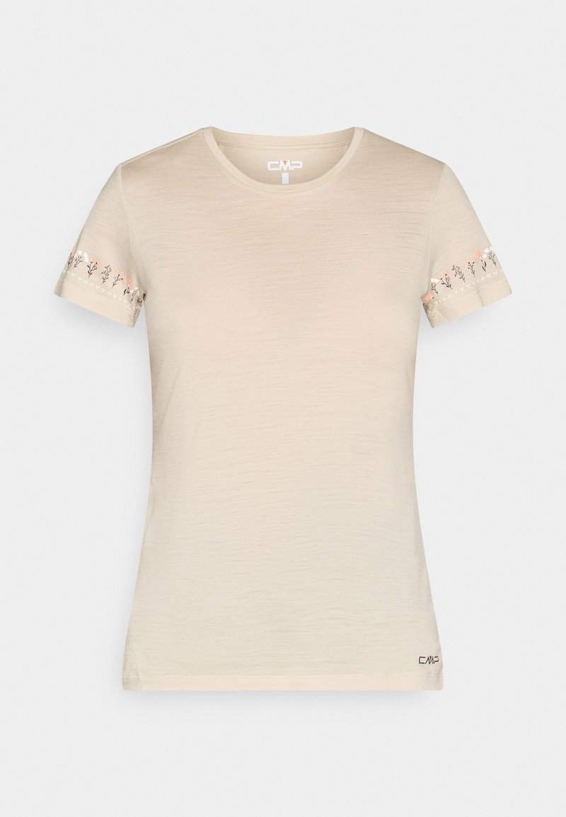 Beiges, enganliegendes T-Shirt mit kurzen Ärmeln und Rundhalsausschnitt, mit kleiner Blumenstickerei an den Ärmelbündchen und kleinem CMP-Logo nahe dem Saum.