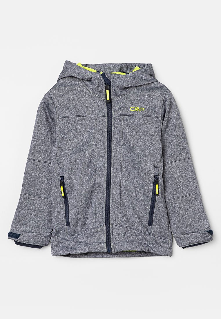Graue Kapuzenjacke mit Reißverschluss und gelben Akzenten. Sie besteht aus strukturiertem Stoff und hat zwei seitliche Reißverschlusstaschen sowie ein Logo auf der Brust.