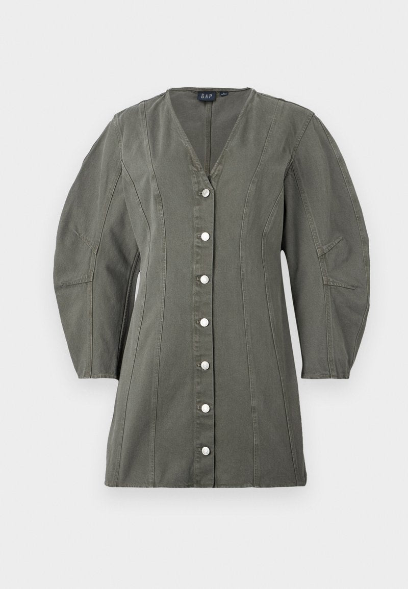 Olivgrüner, knöpfbarer Blazer mit V-Ausschnitt, Puffärmeln und vertikalen Nähten. Ausgestattet mit silbernen Knöpfen und einer strukturierten Form.