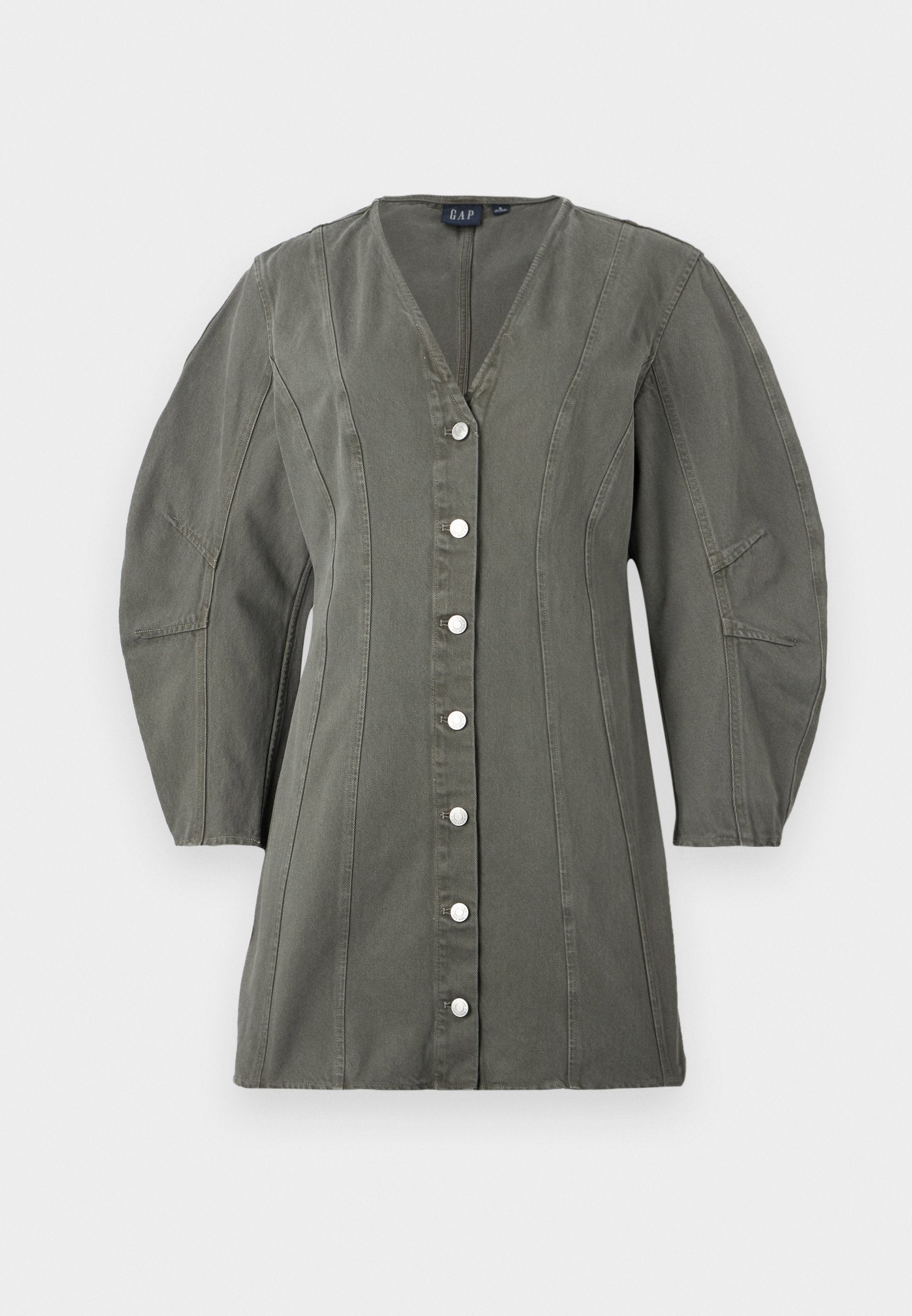 Olivgrüner, knöpfbarer Blazer mit V-Ausschnitt, Puffärmeln und vertikalen Nähten. Ausgestattet mit silbernen Knöpfen und einer strukturierten Form.