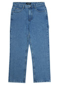 Blaue Jeans aus Denim mit geradem Schnitt, ausgestattet mit fünf Taschen, einer Knopfschließe und Gürtelschlaufen. Der Stoff hat eine strukturierte Oberfläche.