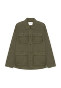Olivgrüne Knopfleistenjacke mit vier Fronttaschen mit Klappen und Kragen, designed für die Freizeit.