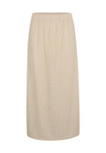 Beige Midi-Rock mit vertikalen Texturlinien und elastischem Taillenbund, gerade geschnitten und aus weichem Stoff. Keine Taschen.