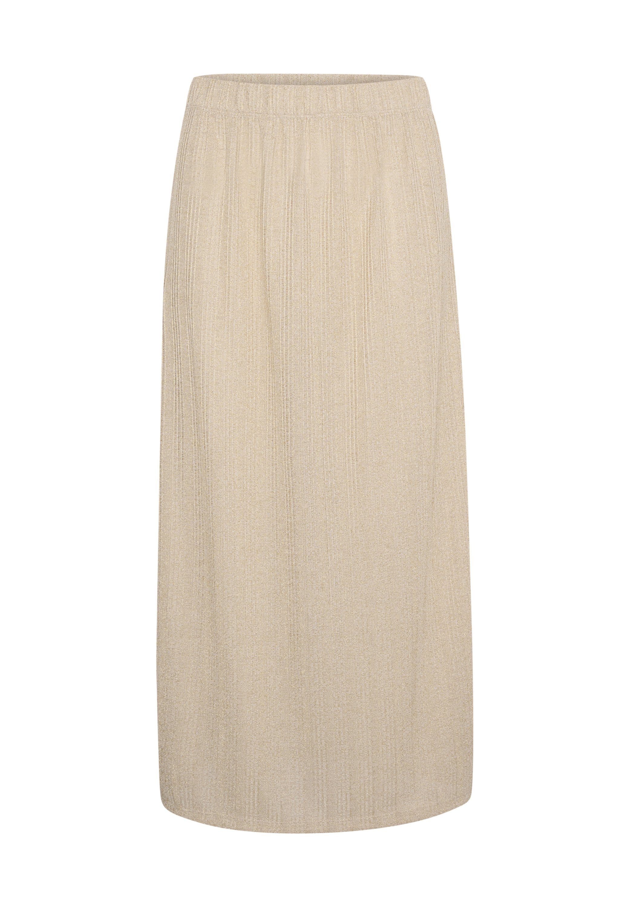 Beige Midi-Rock mit vertikalen Texturlinien und elastischem Taillenbund, gerade geschnitten und aus weichem Stoff. Keine Taschen.