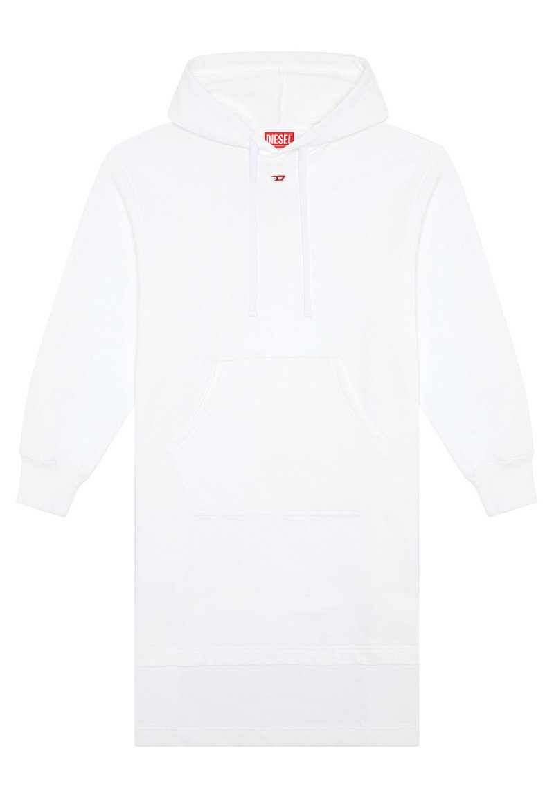 Weißes Hoodie-Kleid aus weichem Stoff, mit großer Vorderseite-Tasche, Kordelzugkapuze und rotem 'DIESEL'-Logo am Ausschnitt.