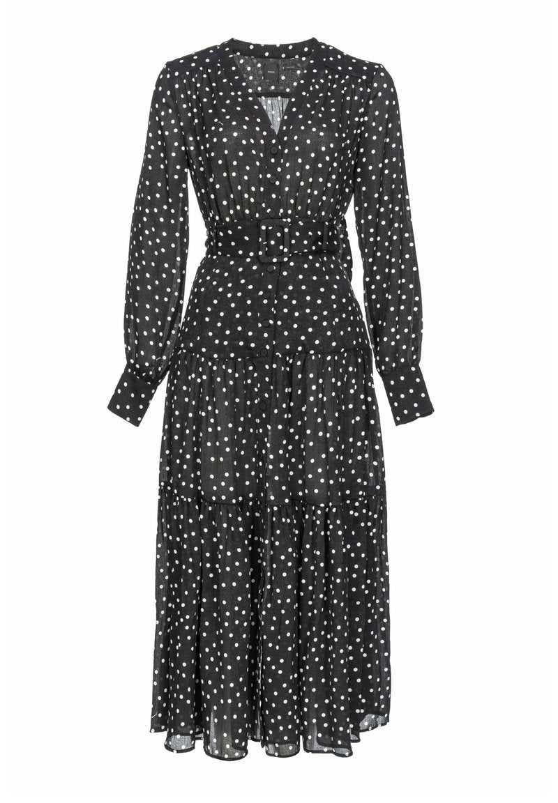 Schwarzes Midikleid mit weißen Pünktchen, langen Ärmeln, Knopfleiste, tailliertem Bund und gestuftem Rockdesign. Leichtes, durchsichtiges Material.