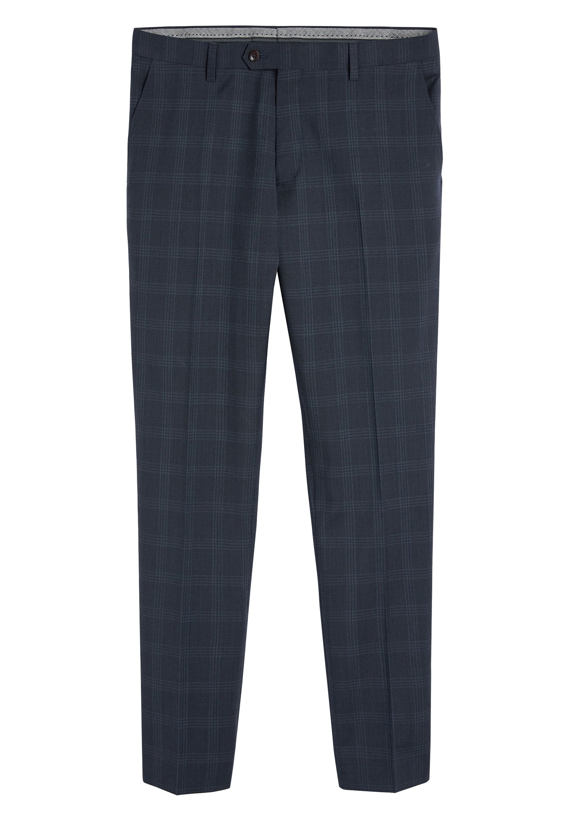 Marineblau karierte Hose aus glattem Stoff, mit flachem Bund, Taschen und einem Knopfverschluss. Dezentes Karomuster mit taillierter Passform.