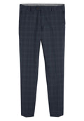 Marineblau karierte Hose aus glattem Stoff, mit flachem Bund, Taschen und einem Knopfverschluss. Dezentes Karomuster mit taillierter Passform.