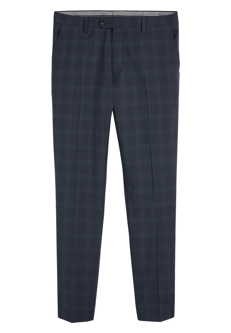 Marineblau karierte Hose aus glattem Stoff, mit flachem Bund, Taschen und einem Knopfverschluss. Dezentes Karomuster mit taillierter Passform.