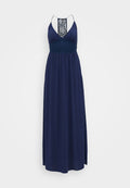 Marineblaues Maxikleid mit tiefem V-Ausschnitt, dünnen Trägern und aufwendigen Spitzenmuster-Details in der Taille. Fließender, weicher Stoff.