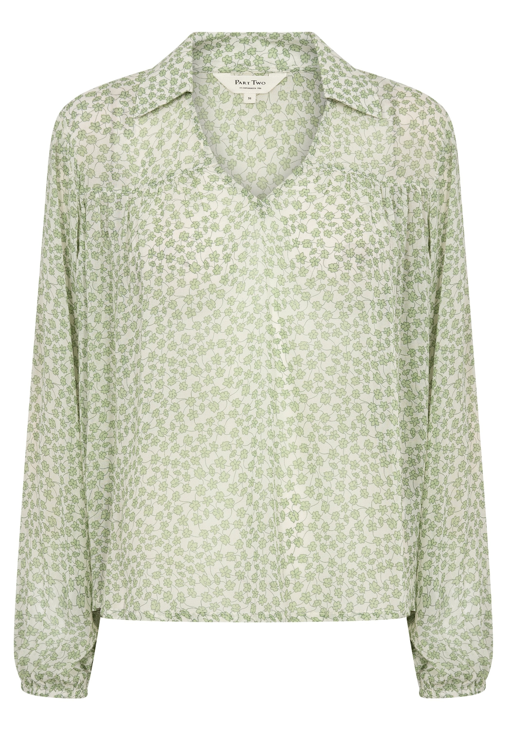 Leichte, durchsichtige Bluse mit grünem Blumenmuster, langen Ärmeln und V-Ausschnitt. Lockere Passform mit subtilen Faltendetails.