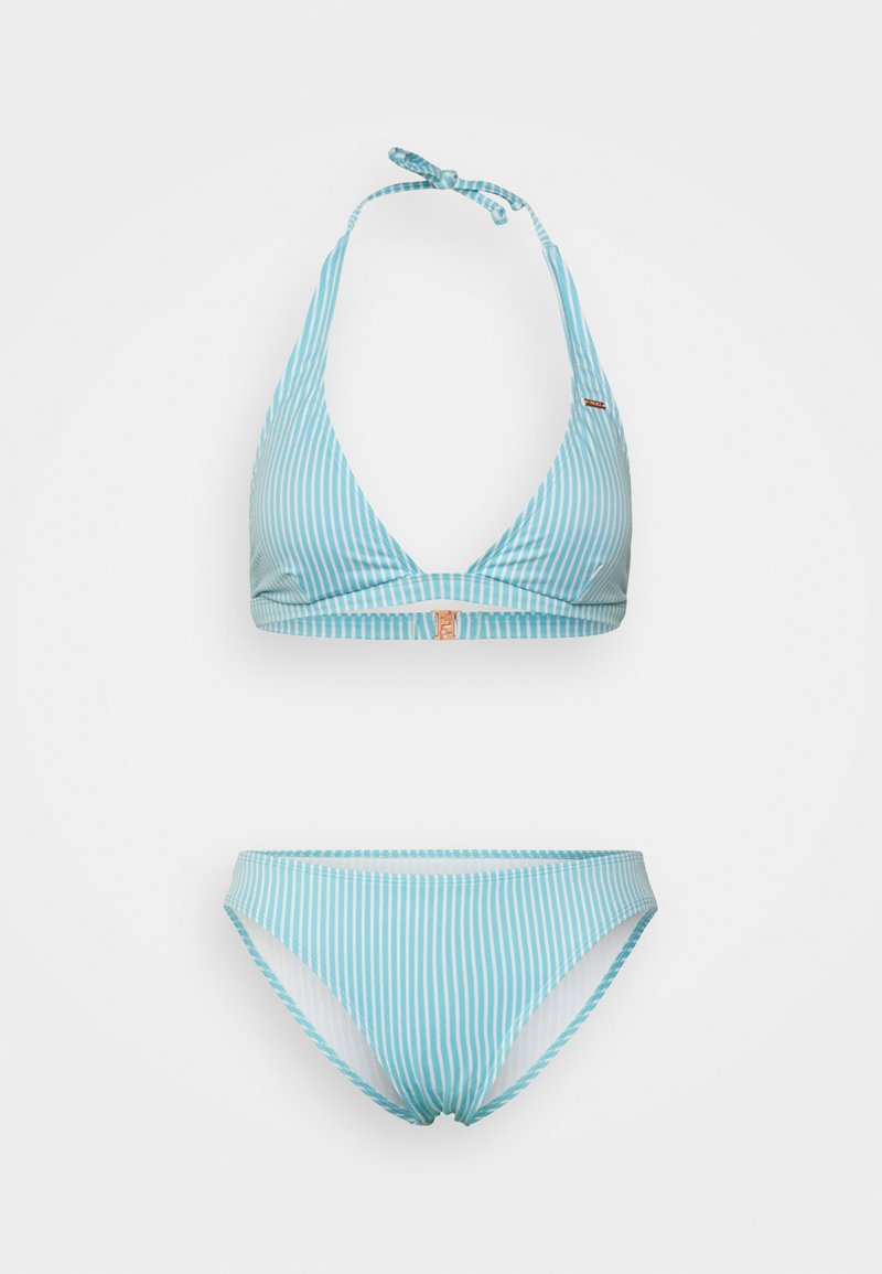 Hellblau gestreiftes Bikini-Set mit einem Dreiecksoberteil und einem Halterneck-Bindeband sowie klassischen Höschen, hergestellt aus glattem elastischen Stoff.