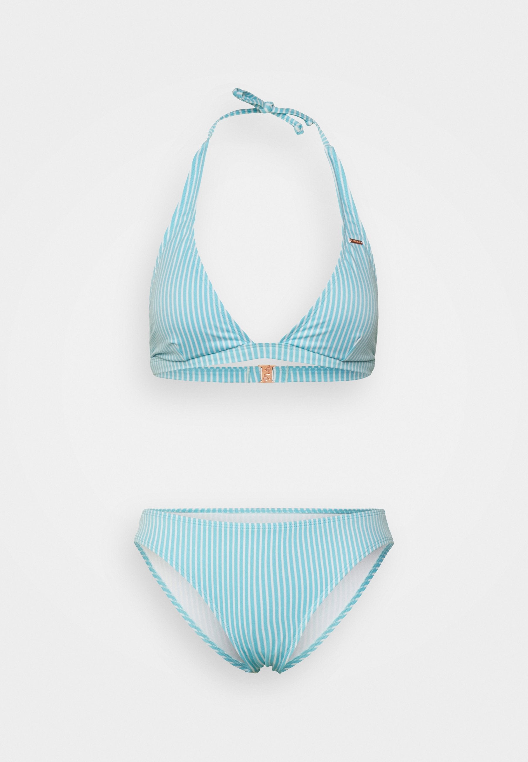 Hellblau gestreiftes Bikini-Set mit einem Dreiecksoberteil und einem Halterneck-Bindeband sowie klassischen Höschen, hergestellt aus glattem elastischen Stoff.