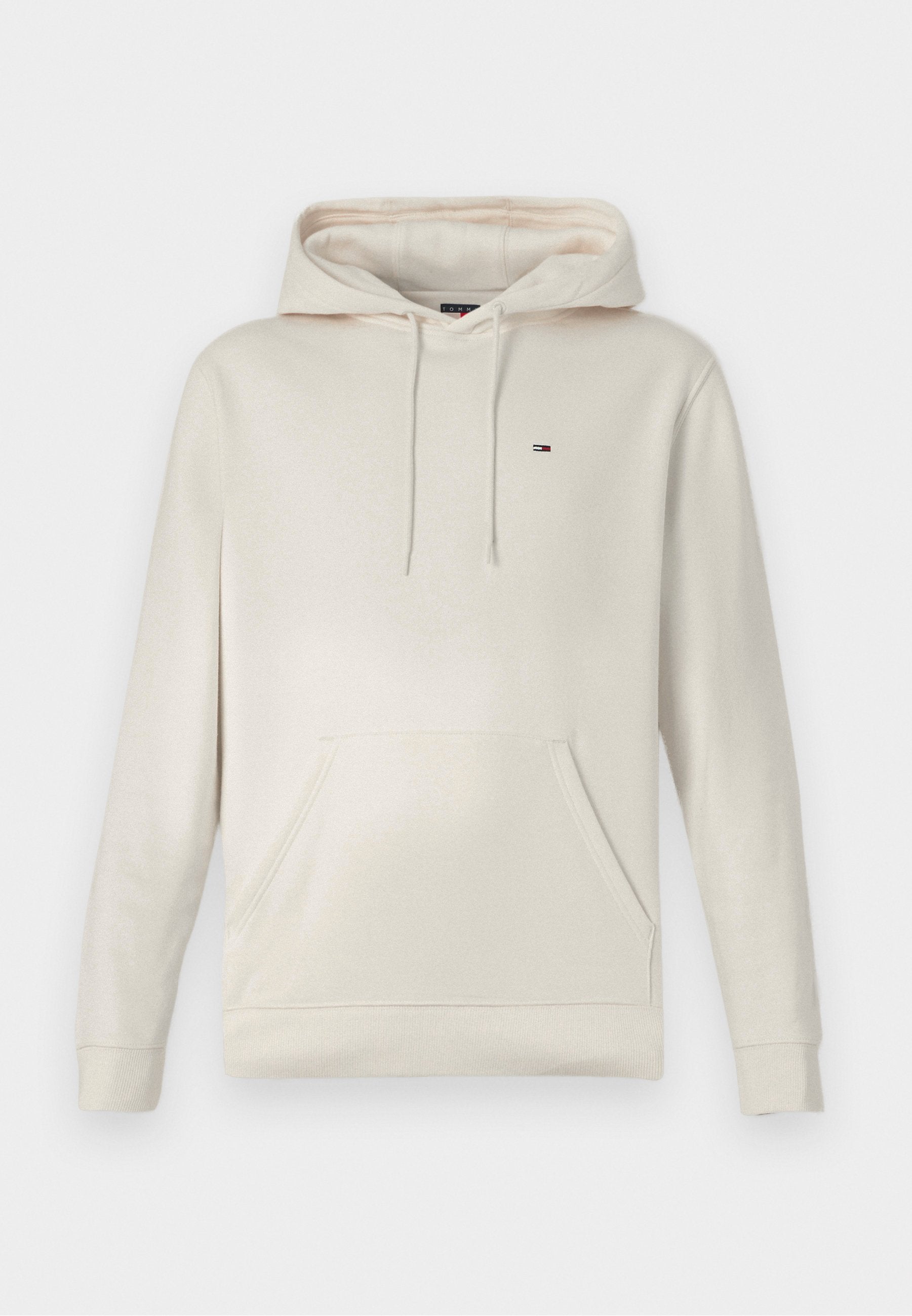 Hellbeiger Kapuzensweatshirt mit Fronttasche und Kordelzügen, mit kleinem rot-weiß-blauem rechteckigem Logo auf der Brust.