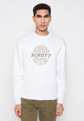 Weißer Baumwoll-Sweatshirt mit einem runden Grafik-Logo in Grau und Grün, Rundhalsausschnitt sowie gerippten Bündchen und Saum.
