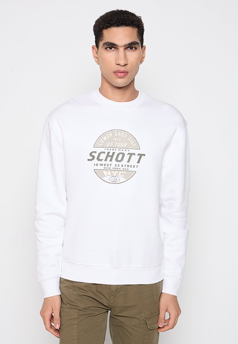 Weißer Baumwoll-Sweatshirt mit einem runden Grafik-Logo in Grau und Grün, Rundhalsausschnitt sowie gerippten Bündchen und Saum.