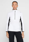 Weißer Pullover mit langen Ärmeln und schwarzen Seitenpaneelen, halber Reißverschluss, strukturiertem Stoff und kontrastierenden Akzenten entlang der Nähte.