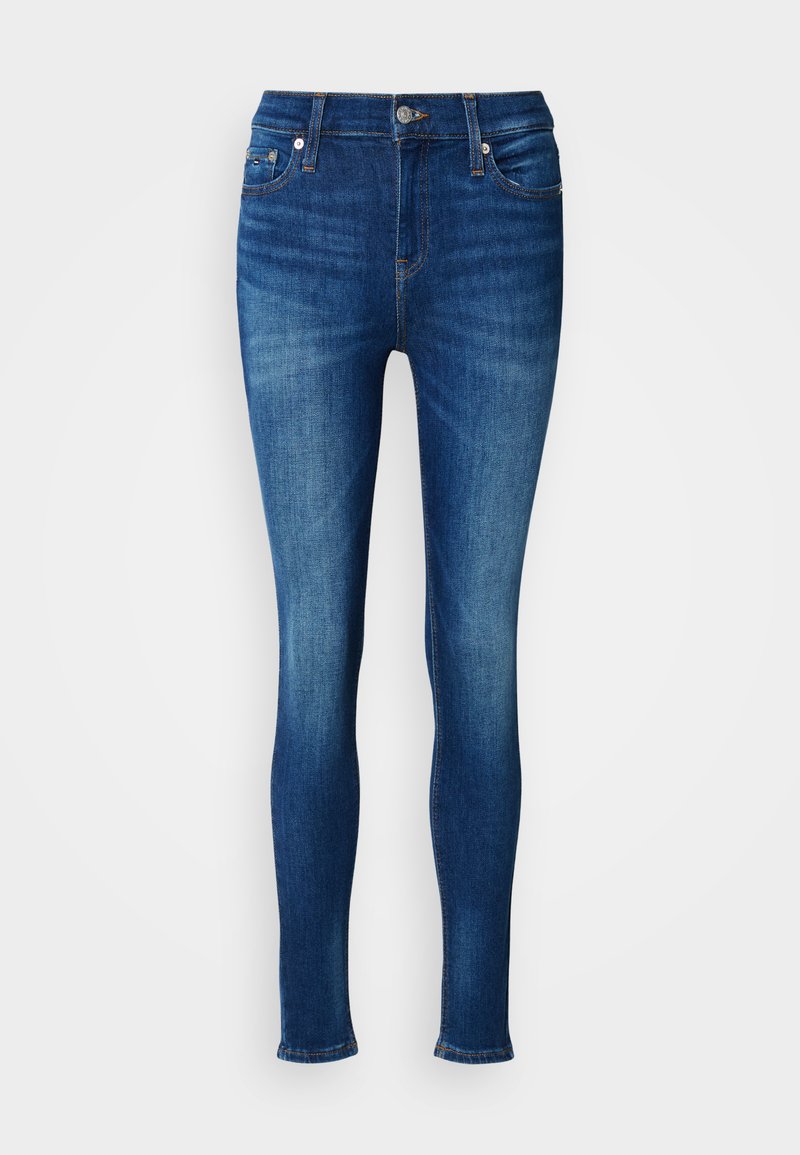 Dunkelblaue Skinny-Jeans aus Denim mit einem klassischen Bund, fünf Taschen und dezentem Verblassen entlang der Beine.