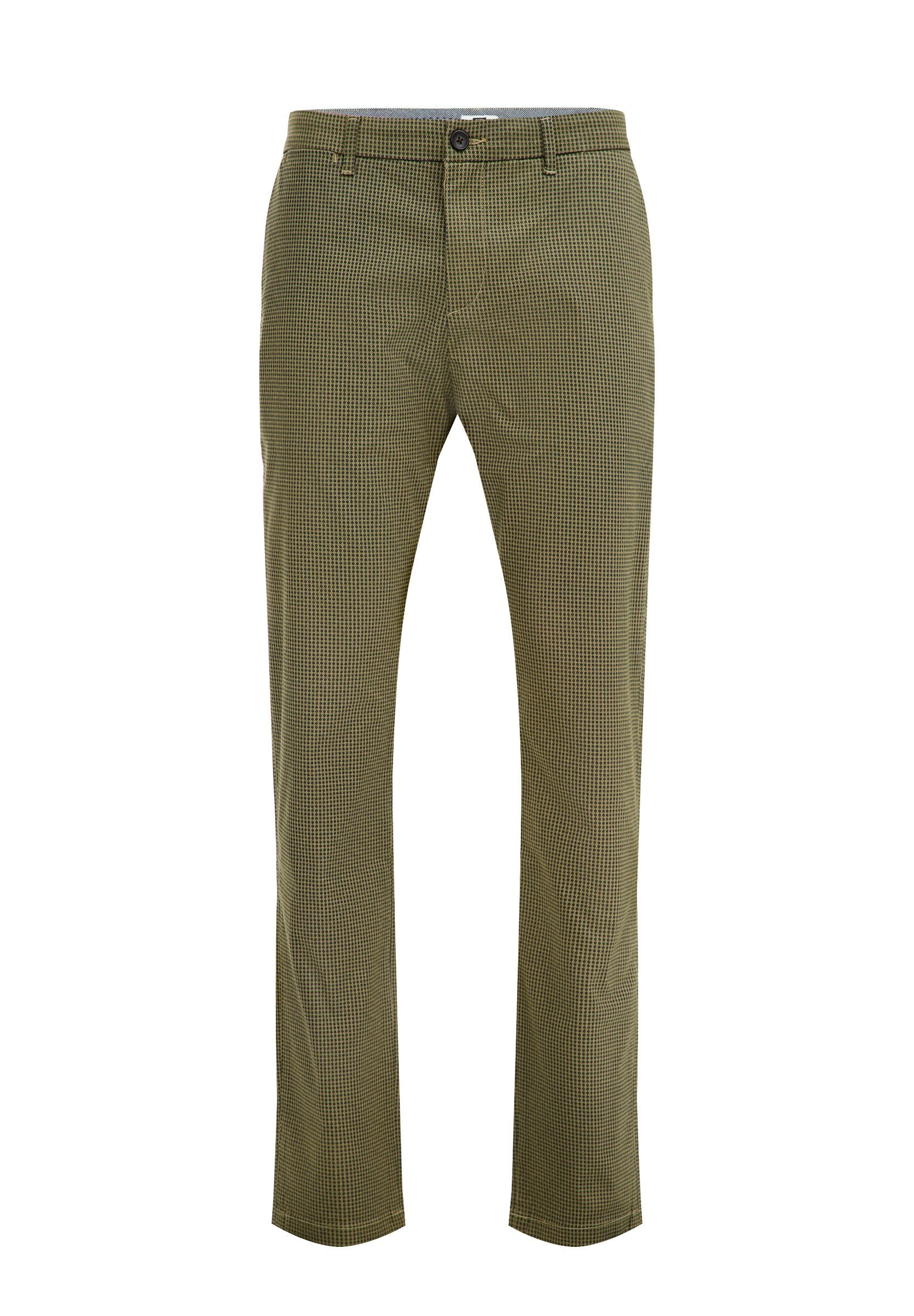 Olivgrüne karierte Hose mit schmaler Passform. Leichtes Material, flacher Bund, Gürtelschlaufen und eine knopfloser Verschluss.