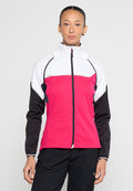 Farbblockierte Jacke mit einem weißen oberen Bereich, langen Ärmeln in leuchtendem Pink und Schwarz, mit Reißverschluss und taillierter Passform; glattes, leichtes Material.