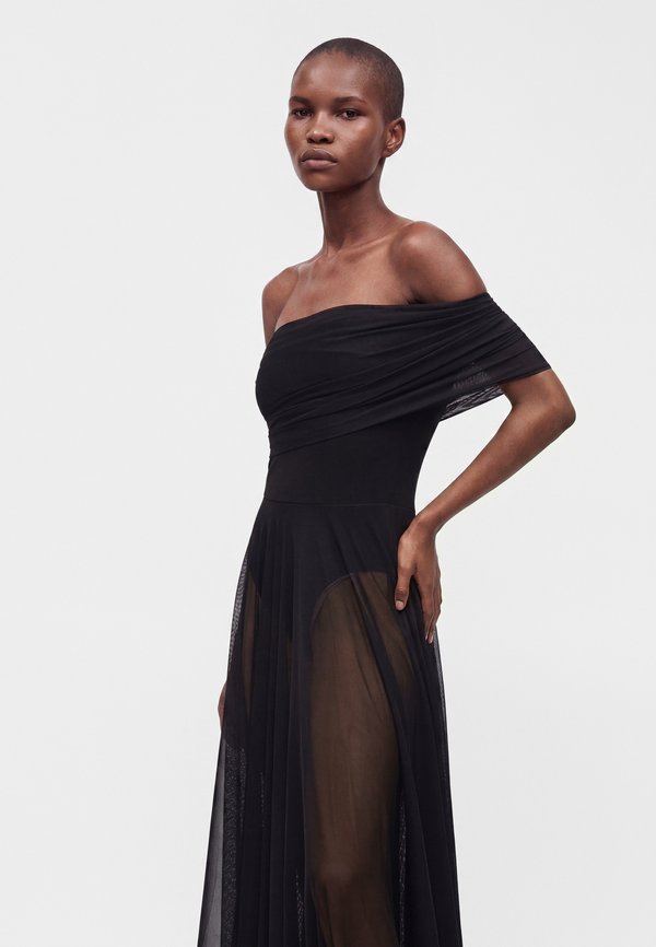 Norma Kamali COWL NECK OFF SHOULDER COMBO FLARED GOWN