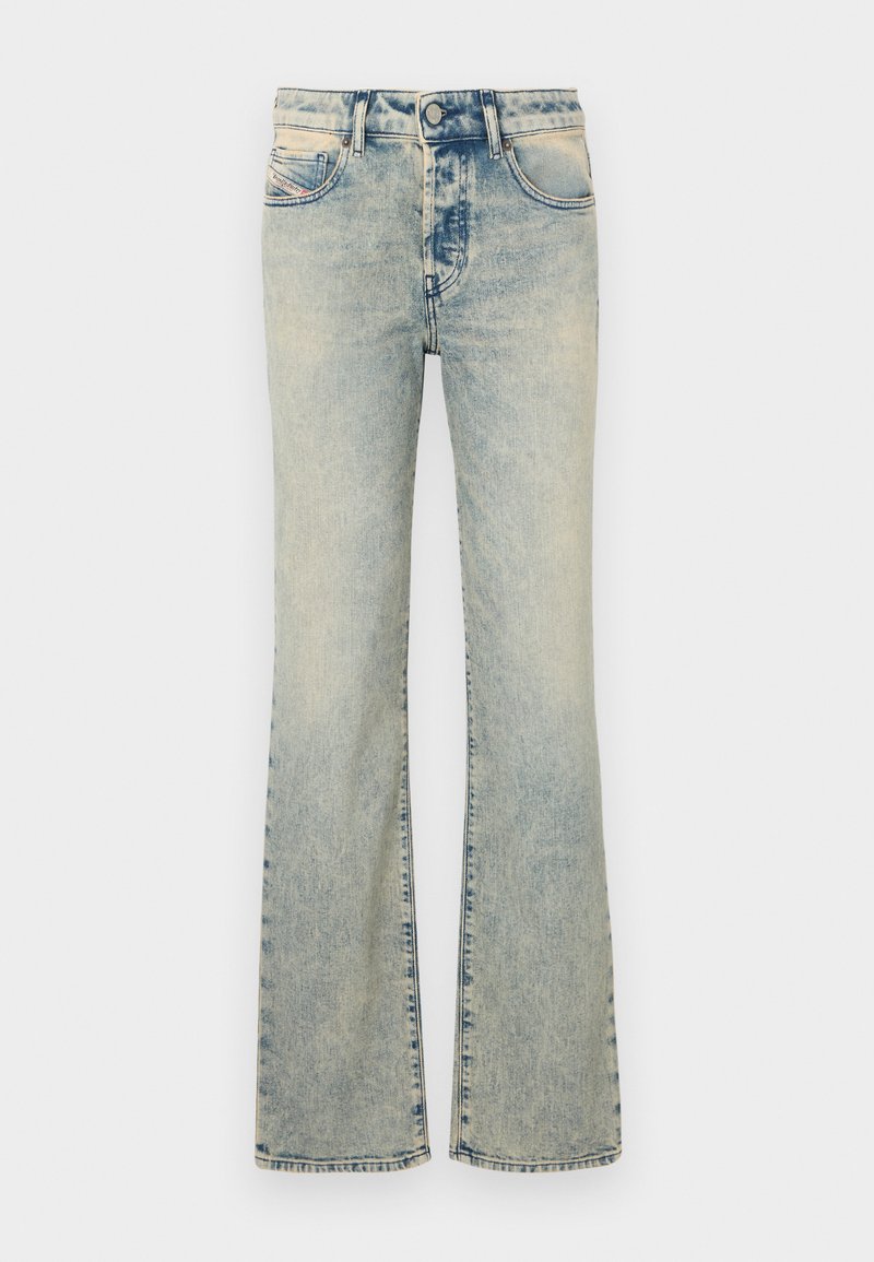 Helle blaue, ausgestellte Jeans aus Denim, mit einem Fünf-Taschen-Design, Stickdetails und einem regulären Bund mit Knopfverschluss.