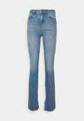 Blaue Bootcut-Jeans aus Denim mit hoher Taille, einer vorderen Knopfverschluss und leichtem Used-Look auf dem Stoff sowie seitlichen Schlitzen am Saum.