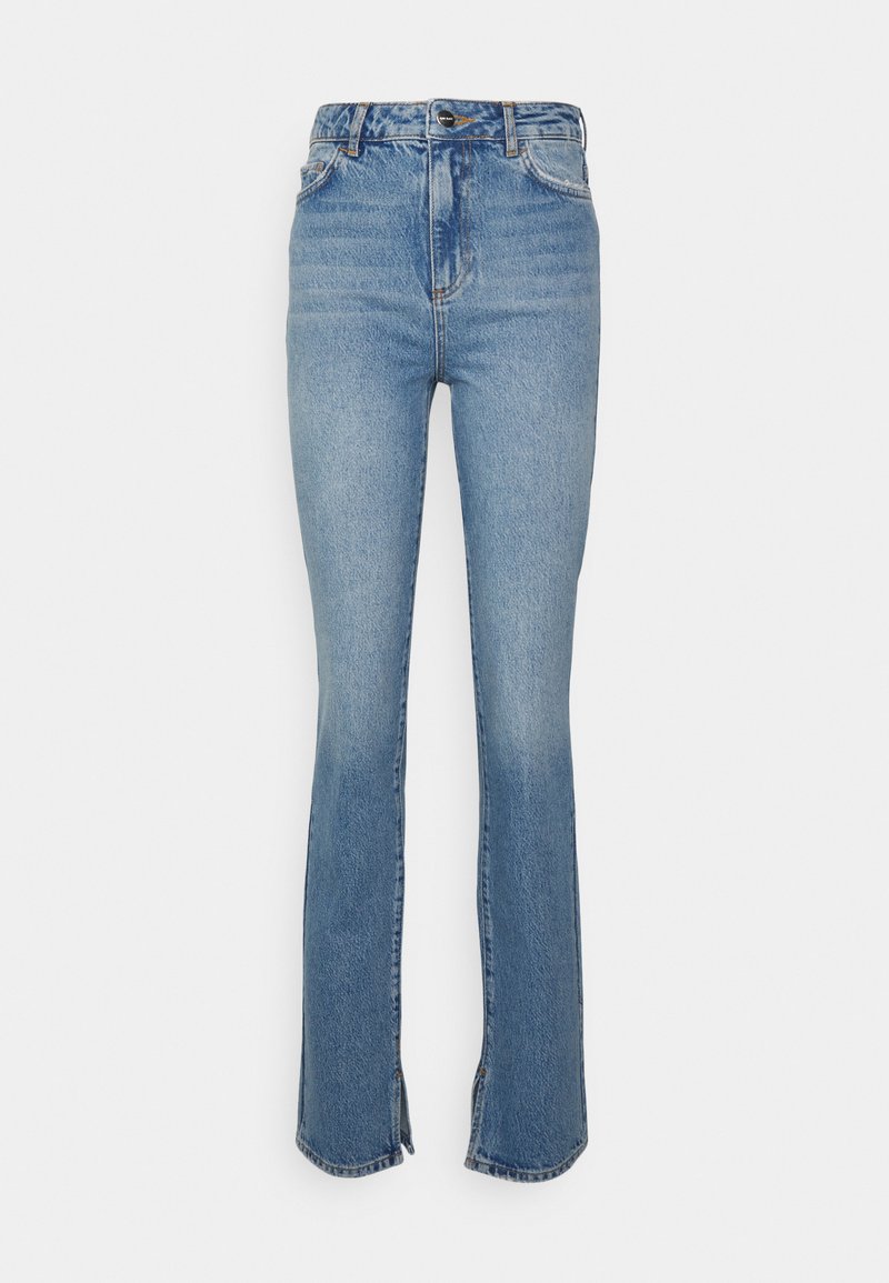 Blaue Bootcut-Jeans aus Denim mit hoher Taille, einer vorderen Knopfverschluss und leichtem Used-Look auf dem Stoff sowie seitlichen Schlitzen am Saum.