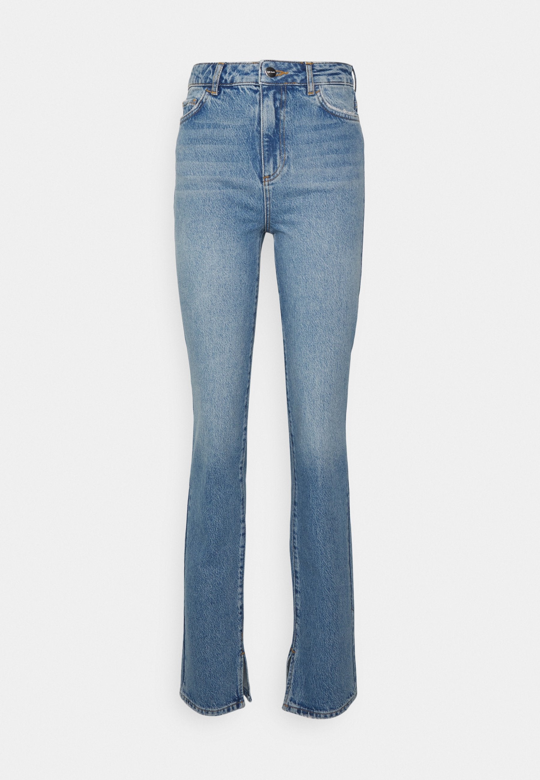 Blaue Bootcut-Jeans aus Denim mit hoher Taille, einer vorderen Knopfverschluss und leichtem Used-Look auf dem Stoff sowie seitlichen Schlitzen am Saum.