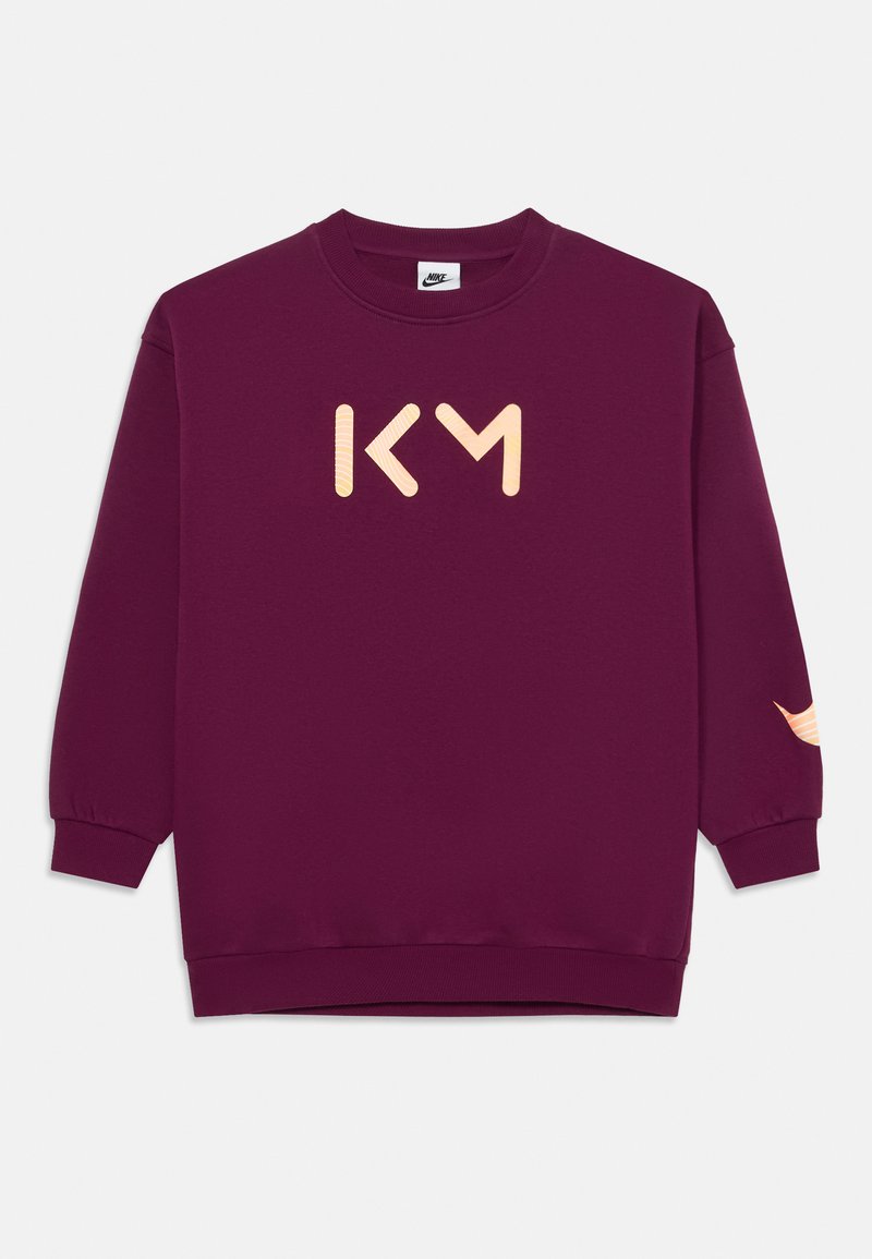 Bordeauxfarbenes Sweatshirt mit einem großen beigen "KM"-Logo auf der Front und strukturierten orangefarbenen Akzenten an den Ärmeln. Elastische Bündchen und Saum.