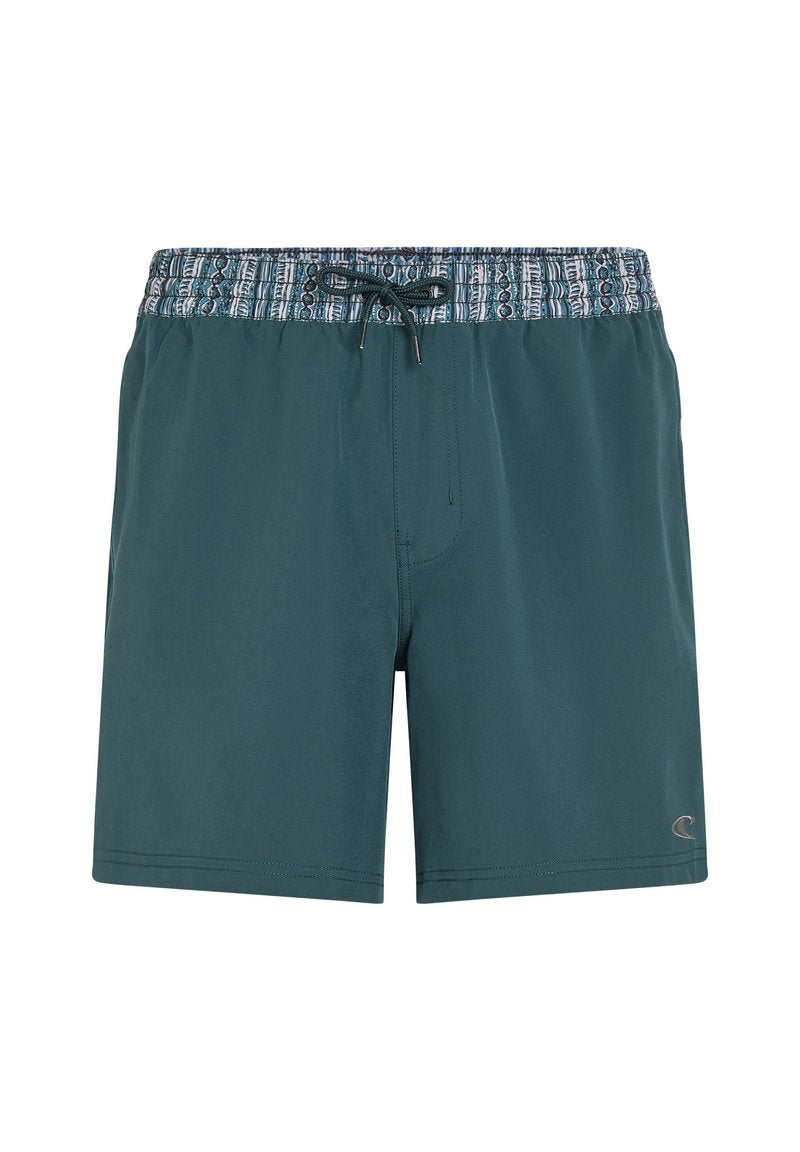 Herren Badeshorts aus türkisfarbenem Stoff mit einem elastischen Bund und einem gemusterten Kordelzug. Glatte Textur, knielanger Schnitt, keine Taschen, Logodetail.