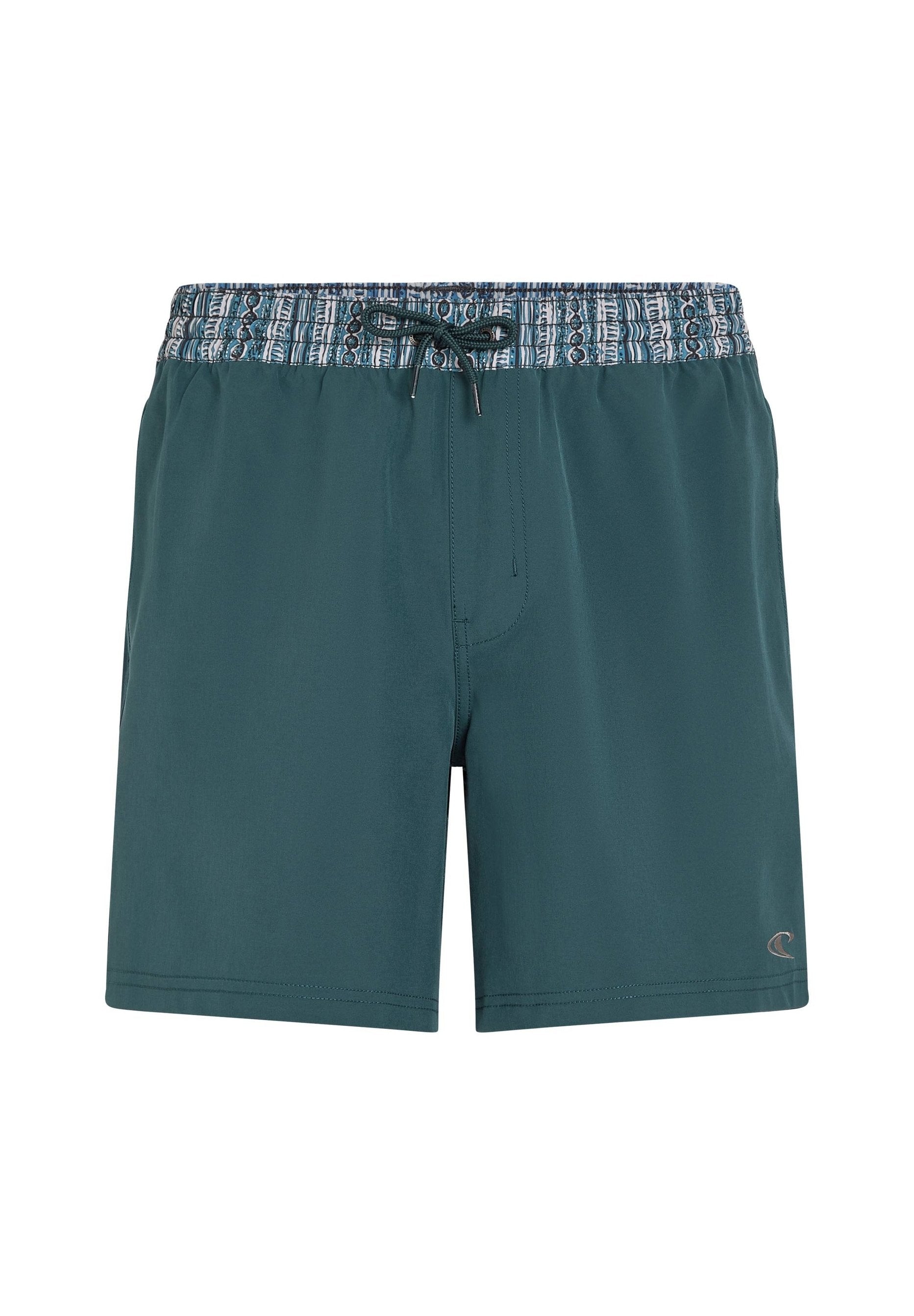 Herren Badeshorts aus türkisfarbenem Stoff mit einem elastischen Bund und einem gemusterten Kordelzug. Glatte Textur, knielanger Schnitt, keine Taschen, Logodetail.