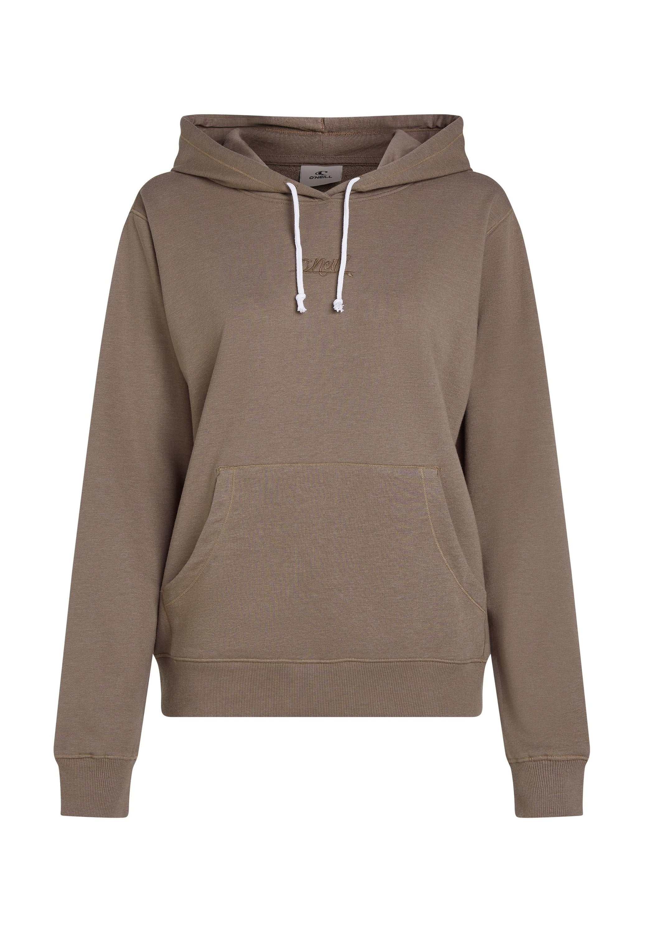 Brauner Kapuzenpullover aus weichem Stoff, mit einer vorderen Tasche, Kapuze mit Kordelzug und gerippten Bündchen. Dezentes Logo-Detail ist auf der Brust gestickt.