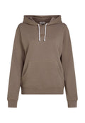 Brauner Kapuzenpullover aus weichem Stoff, mit einer vorderen Tasche, Kapuze mit Kordelzug und gerippten Bündchen. Dezentes Logo-Detail ist auf der Brust gestickt.