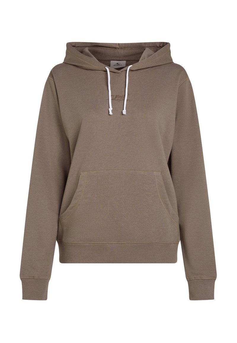 Brauner Kapuzenpullover aus weichem Stoff, mit einer vorderen Tasche, Kapuze mit Kordelzug und gerippten Bündchen. Dezentes Logo-Detail ist auf der Brust gestickt.