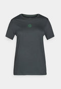 Dunkelgraues, kurzärmeliges T-Shirt aus weichem Stoff, mit einem grünen Logo in der Mitte, Rundhalsausschnitt und geradem Saum.